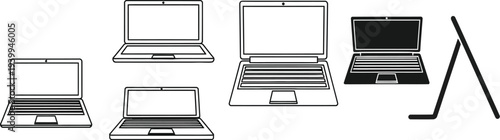 Various outlines of portable computers and a mathematical symbol are displayed across the stark white background.