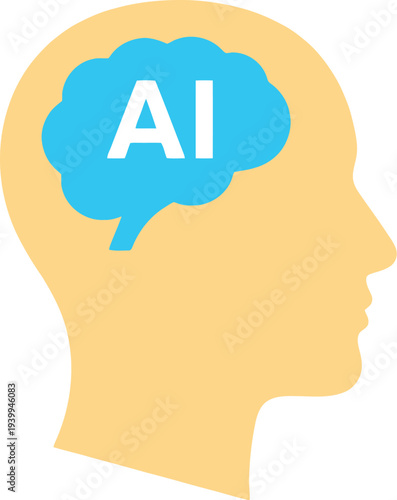 Silhouette profile of a human head containing a bright blue cloud shape labeled with white capital letters AI symbolizing artificial.