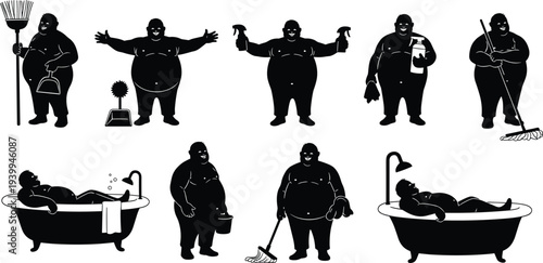 Collection of body positive man silhouettes in various poses including cleaning with a mop and broom 