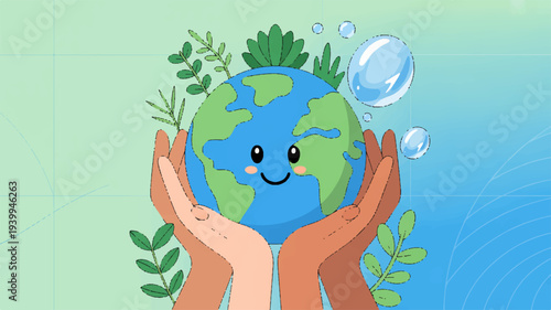Smiling earth globe cradled in hands with leaves and bubbles symbolizing environmental care and sustainability