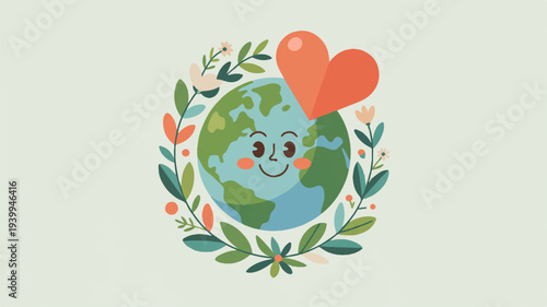 Happy earth with heart and leaves eco friendly symbol green planet with smile