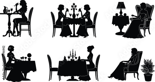 Collection of elegant woman silhouettes featuring formal long dresses sitting at restaurant tables for fine dining luxury events and sophisticated lifestyle design projects.