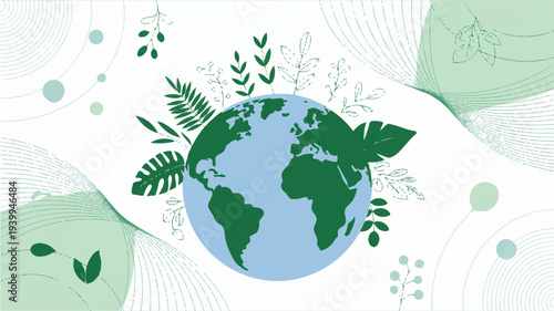 Earth with green leaves and plants on a white background with eco friendly illustrations
