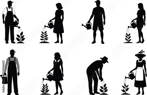 Collection of gardener silhouettes featuring men and women watering plants with watering cans for agriculture farming horticulture and home garden growth design projects.