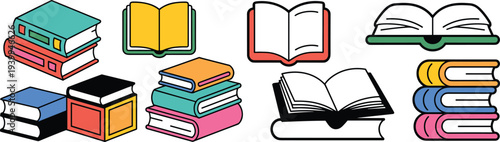 Colorful book stack and open book vector illustration set, education reading icons collection for library, school study materials and learning concept design
