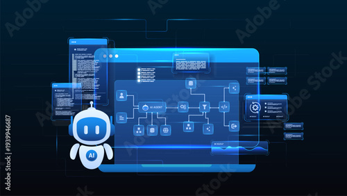 AI workflow automation artificial intelligence. ai agent workflow diagram dashboard machine learning architecture processing flow, coding panels and automation flow.