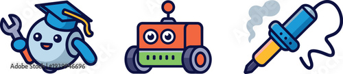 Cute robot mascot icons set with educational robot, toy robot and soldering tool illustration, colorful technology characters for robotics learning and STEM design