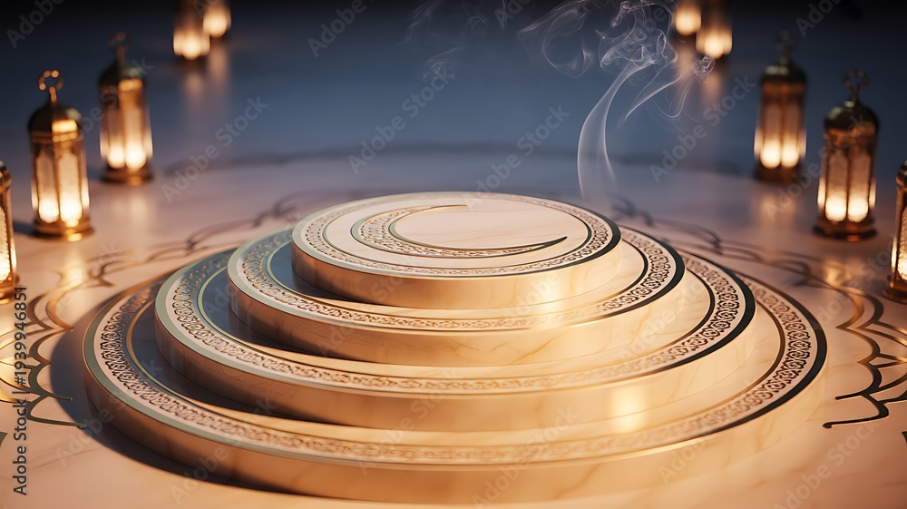 Fototapeta premium Tiered Islamic Podium with Lanterns and Incense Smoke