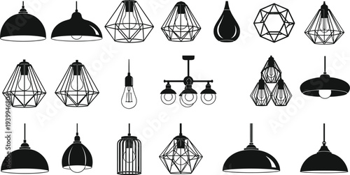 Collection of modern pendant lighting fixtures including industrial metal lampshades and geometric cage chandeliers for interior design home decor and architectural lighting projects.