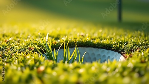 oganesson. Fresh divot mark on golf course turf with upturned grass and morning dew. real-estate listings, architecture portfolios, designed for interior renovation comparisons for interiors.