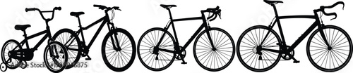 Collection of professional bicycle silhouettes featuring various models including mountain bikes road bikes and a children's bike for transportation fitness and healthy lifestyle design projects.
