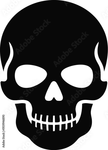 A black skull icon design viewed from the front with a minimalist style