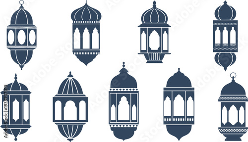 Traditional Ramadan lantern silhouette set featuring decorative Arabic Islamic lamps for Eid celebration, Middle Eastern ornament design, festive lighting symbols and cultural vector icons