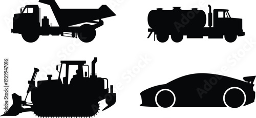 Vehicle silhouette collection including dump truck tanker truck bulldozer and sports car isolated black transport icons representing construction industry transportation and automotive design