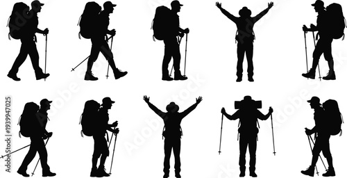 Collection of professional hiker silhouettes featuring men and women with backpacks and trekking poles walking and standing for outdoor mountain adventure design projects.