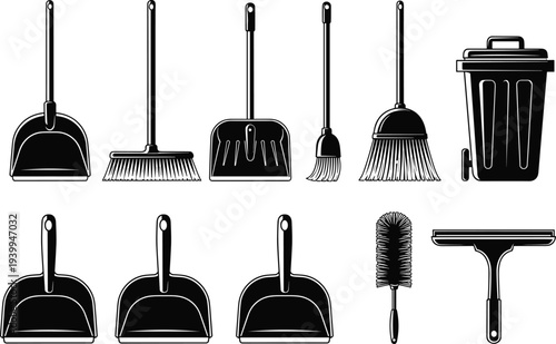 Collection of professional cleaning equipment icons including brooms dustpans trash bin and squeegee silhouettes for household maintenance hygiene and domestic service design projects.