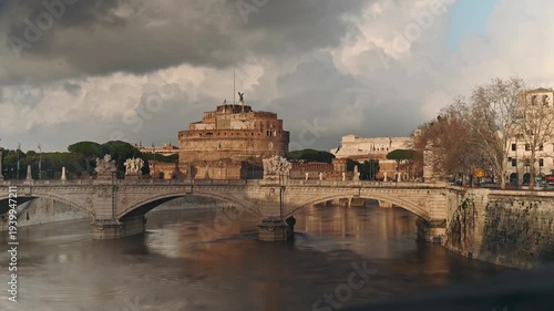 Time lapse of Sant Angelo Castelo Sunset, Rome, Italy 4K