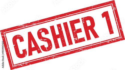 Red Distressed Rubber Stamp with Cashier 1 Text and Border on White