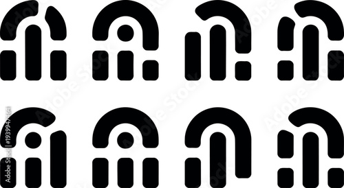 A collection of identical black arches on a white background