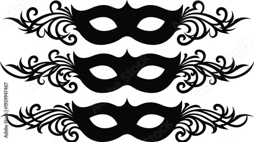 Masquerade masks, decorative silhouette, costume party, carnival mask, theater symbol, ornate design, elegant artwork, cultural illustration, fashion accessory, celebration