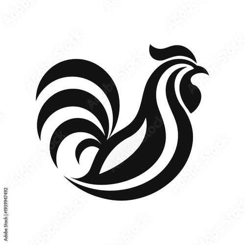 Stylized black rooster silhouette perched on fence with sunrise background vector illustration.