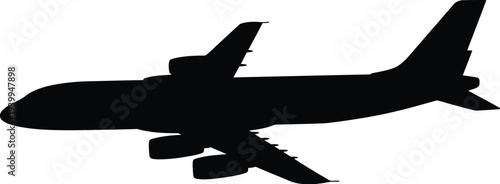 Airplane silhouette in flight viewed from side on transparent background