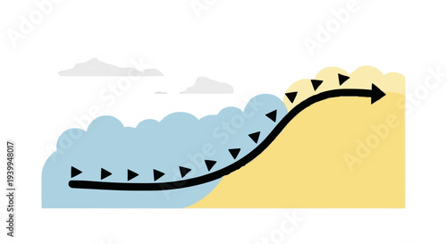 Abstract illustration of atmospheric air circulation dynamics, showcasing the interaction between different air masses and terrain in a meteorological context