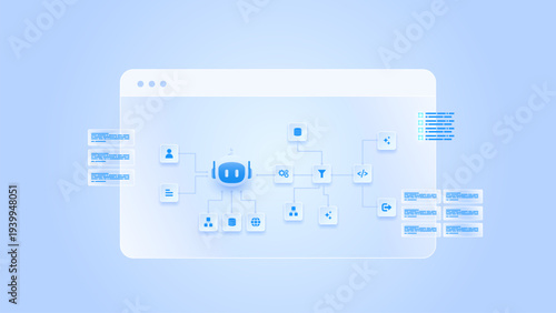 AI workflow automation artificial intelligence. ai agent diagram architecture connecting node user, automated process flow, ai model, data routing, and automation flow.