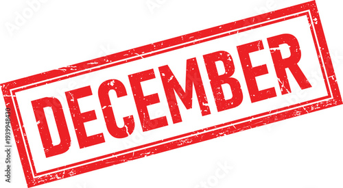 Red Distressed December Rubber Stamp with Rectangle Border Isolated on White Background