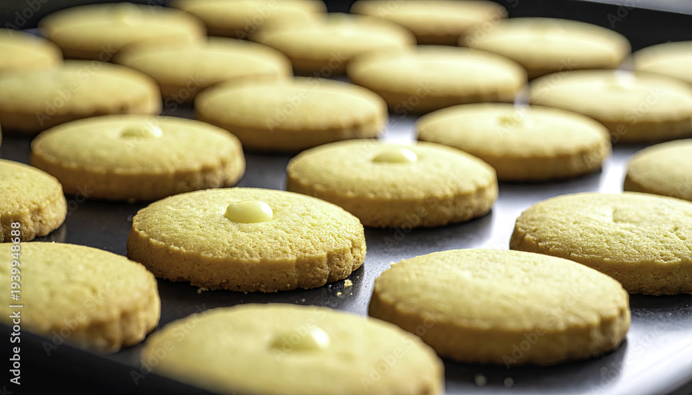 Fototapeta premium Golden butter cookies on a dark baking sheet baked to a perfect even golden brown with a smooth simple design perfect for sweet treats and desserts
