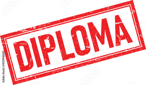 Red Distressed Rubber Stamp with DIPLOMA Text and Rectangular Frame on White