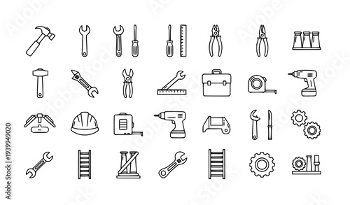 Minimal construction tools thin line icon set with DIY equipment and building symbols