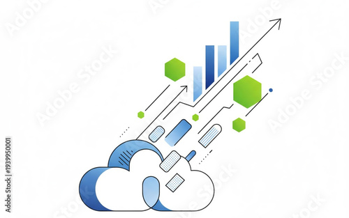 Cloud computing concept illustration showcasing data analysis and growth trends with abstract digital elements