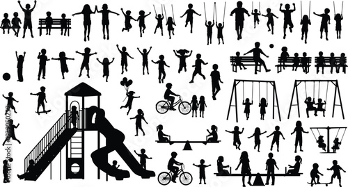 Black children silhouettes set playing on playground with slide swing seesaw and bicycle for park recreation and childhood outdoor activity design
