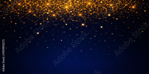 A glowing blue Christmas background features a winter night sky filled with golden stars, snowflakes, and a bokeh light design for a festive holiday celebration pattern