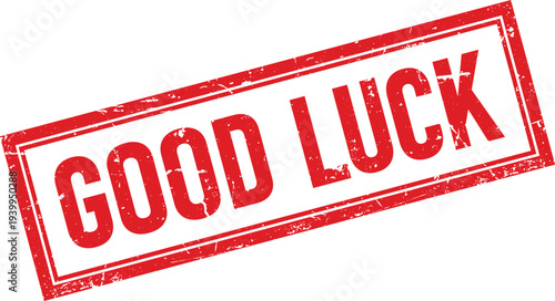 Distressed Red Good Luck Text Inside Rectangular Rubber Stamp Impression on White