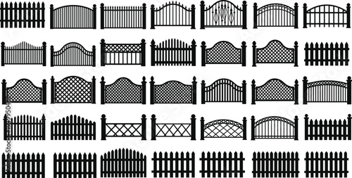 Huge Collection of Wooden and Metal Fence Vector Silhouettes Including Picket Lattice Wrought Iron and Decorative Garden Gate Styles for Landscaping Architecture and Property Security