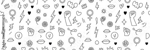 Feminism and women empowerment doodle icon pattern featuring female symbol, raised fist, hearts, flowers and lightning elements representing equality, activism and empowerment concept
