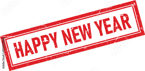 Distressed Rectangle Rubber Stamp Impression with Red Ink, Text Happy New Year