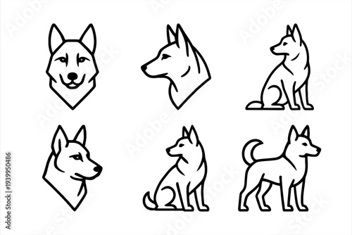 Dog Logos Set Head and Full Body Line Art Illustrations