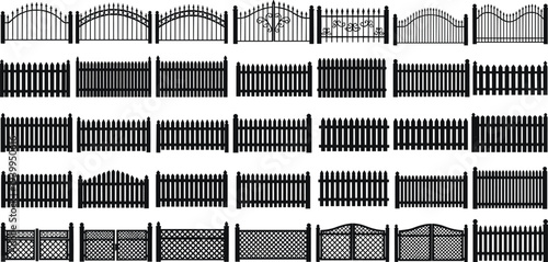 Large collection of black garden fence and gate silhouette icons including wrought iron picket and lattice styles isolated on white background for backyard landscaping design