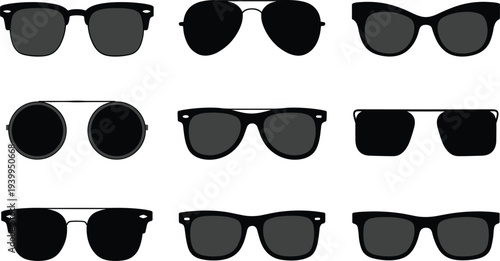 Sunglasses collection vector illustration with modern and retro eyewear styles, fashionable sun glasses set isolated for summer fashion accessory design