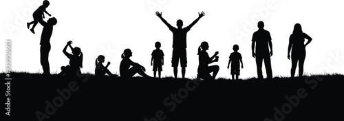 Black silhouettes of happy family, children, and people playing in park on grass hill, cad drawing flat vector illustration, outdoor