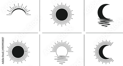 Black sun and moon silhouettes set with celestial icons sunrise sunset and crescent moon symbols for mystic astrology and weather design