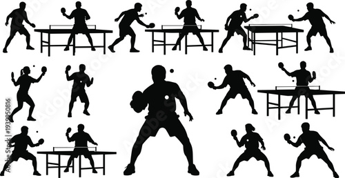 PrintBlack table tennis player silhouettes set with men and women ping pong athletes in action poses for sports competition design
