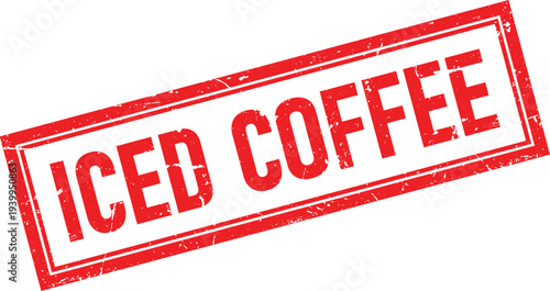 Distressed Red Iced Coffee Text Inside Rectangular Rubber Stamp Design Isolated