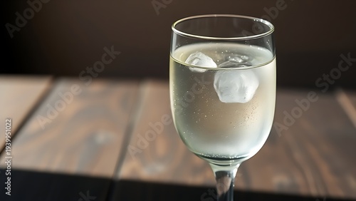 A crystal glass of clear sambuca with condensation droplets on a dark wooden background. bar promotions, beverage menus, designed for product packaging and bar promotions.