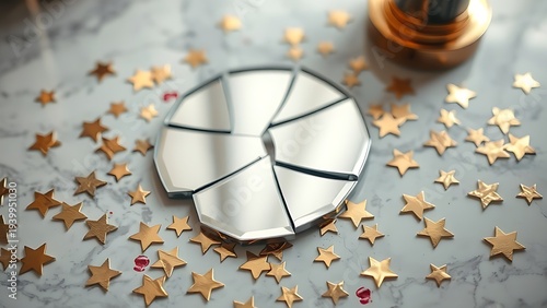 Broken makeup mirror with scattered gold star stickers and lipstick marks on marble surface. lifestyle magazines.