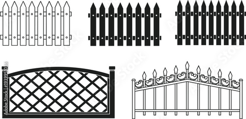 Large collection of black wooden fence silhouettes decorative garden gate icons and directional road signs isolated on white background for landscape design architecture construction and farm