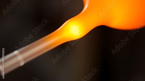 Close-up of a blowpipe tip shaping molten orange glass. safety posters, maintenance manuals, designed for industrial assembly lines and welding operations, used by engineers.